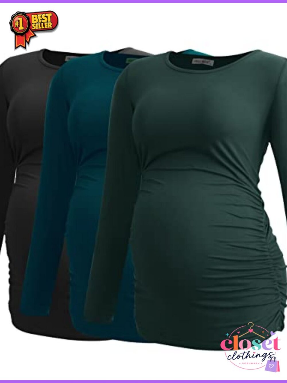 Maternity Long Sleeve Tunic Tees 3-Pack Rayon Spandex Pregnancy Tops